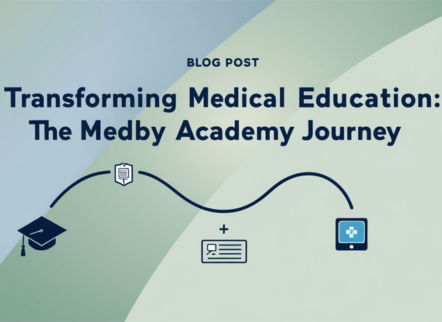 Design an engaging and inspiring image for a blog post titled 'Transforming Medical Education The Medby Academy Journey.' The image should visually represent the evolution and impact of medical education through Medby Academy. Key elements to include Central Theme Illustrate a journey or transformation in medical education, symbolizing growth and innovation. This could be depicted through a timeline or a path leading from traditional methods to modern, advanced approaches in medical training. Visual Elements Incorporate elements like a graduation cap, medical symbols (e.g., stethoscopes, medical charts), and digital learning tools (e.g., laptops, online platforms) to signify the blend of traditional and modern education. Background Use a gradient or abstract background that conveys a sense of progress and change, such as a soft blue to green gradient representing a transition from past to future. Include subtle elements like gears or lightbulbs to symbolize innovation and ideas. Style The design should be modern, clean, and professional, with a balance between imagery and text to make the journey of Medby Academy visually compelling and easy to understand. Color Palette Use a combination of soft blues, greens, and whites to create a sense of clarity, growth, and professionalism. Add accent colors like gold or silver to highlight key features. Overall Feel The image should inspire and reflect the transformative impact of Medby Academy on medical education, making it visually appealing and relevant to the blog topic